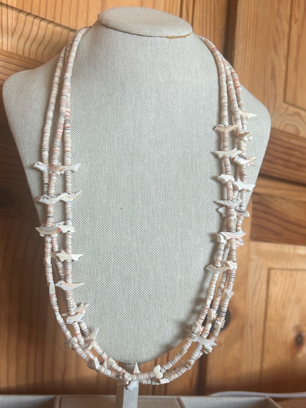 Vtg 3-Strand Bird Fetish Necklace Shell Heishi Sterling Silver Cones |25 Inch